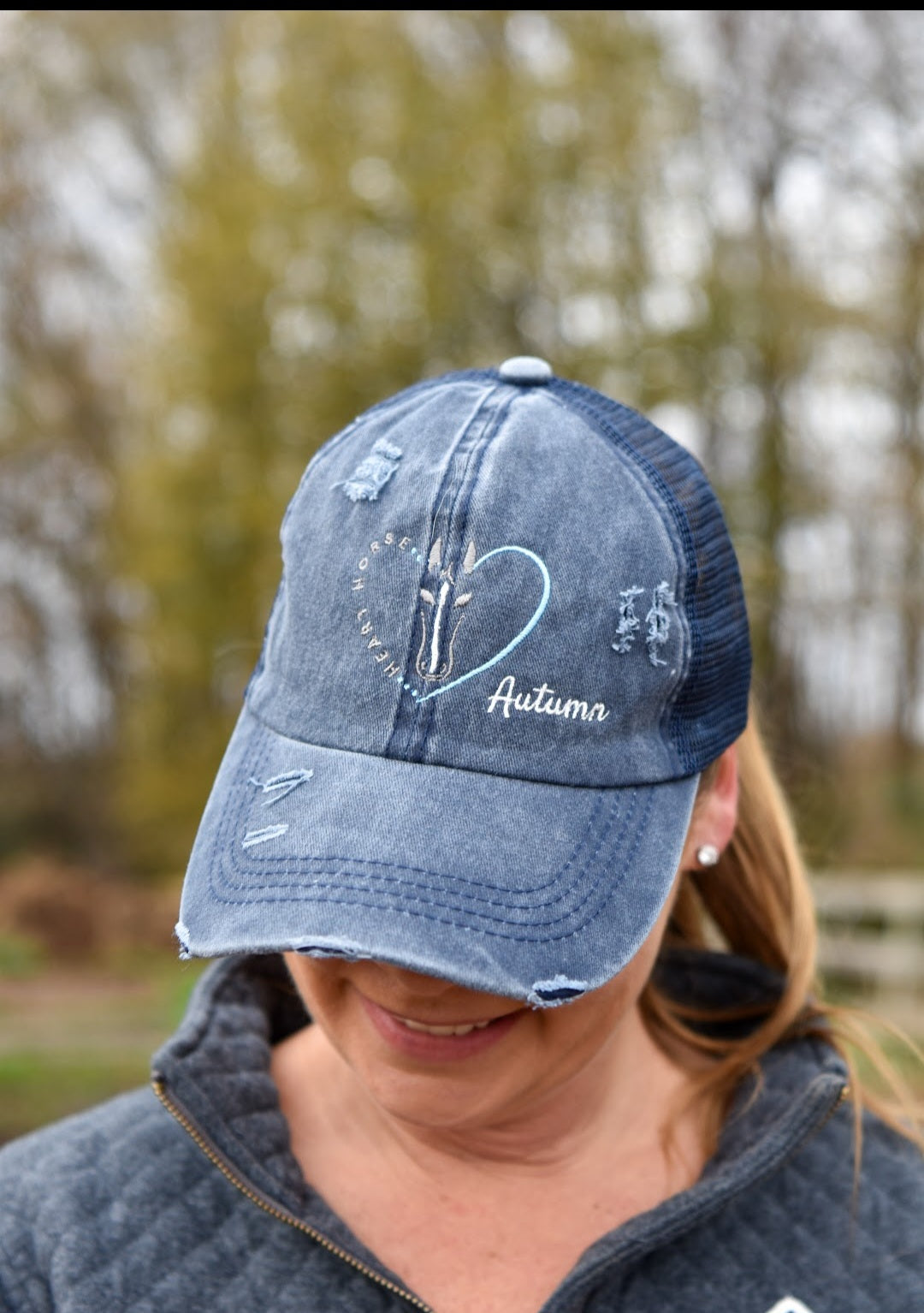Distressed Fit & Fierce Trucker Hat with Ponytail back